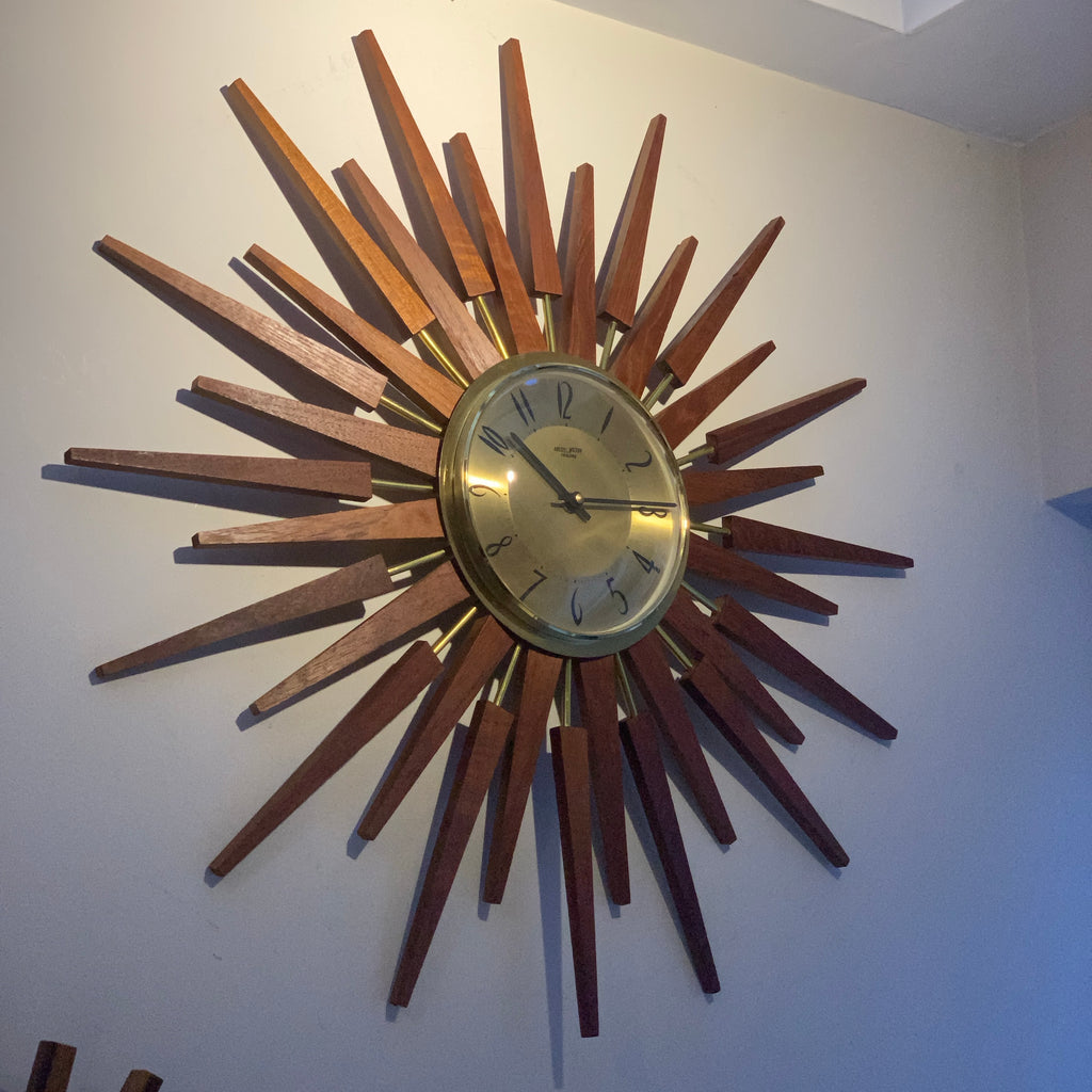 Large Anstey & Wilson Teak & Brass Starburst Wall Clock, 1960s Mid Century, 62cm