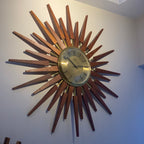 Large Anstey & Wilson Teak & Brass Starburst Wall Clock, 1960s Mid Century, 62cm