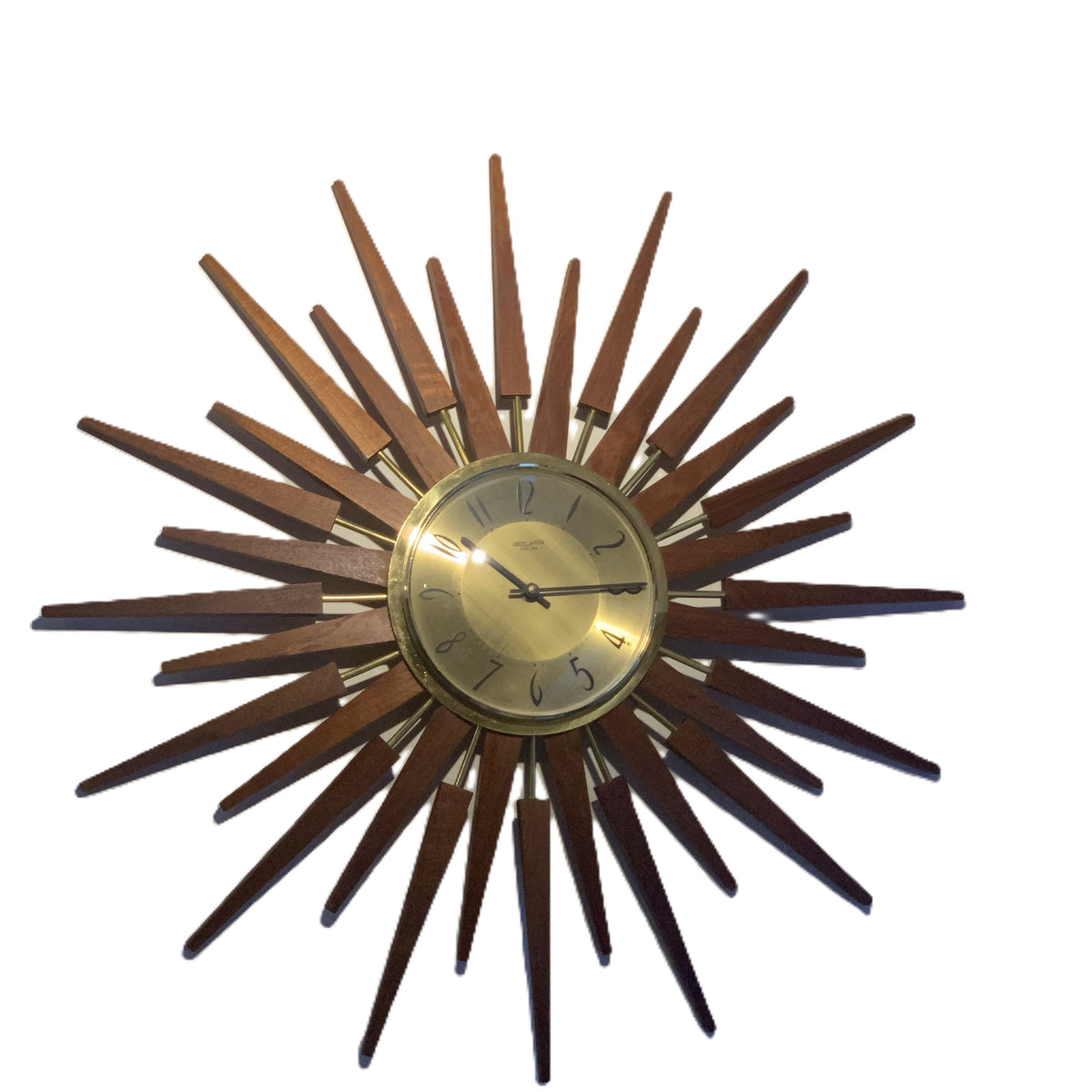 Large Anstey & Wilson Teak & Brass Starburst Wall Clock, 1960s Mid Century, 62cm