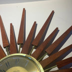 Large Anstey & Wilson Teak & Brass Starburst Wall Clock, 1960s Mid Century, 62cm