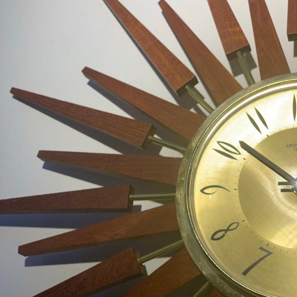 Large Anstey & Wilson Teak & Brass Starburst Wall Clock, 1960s Mid Century, 62cm