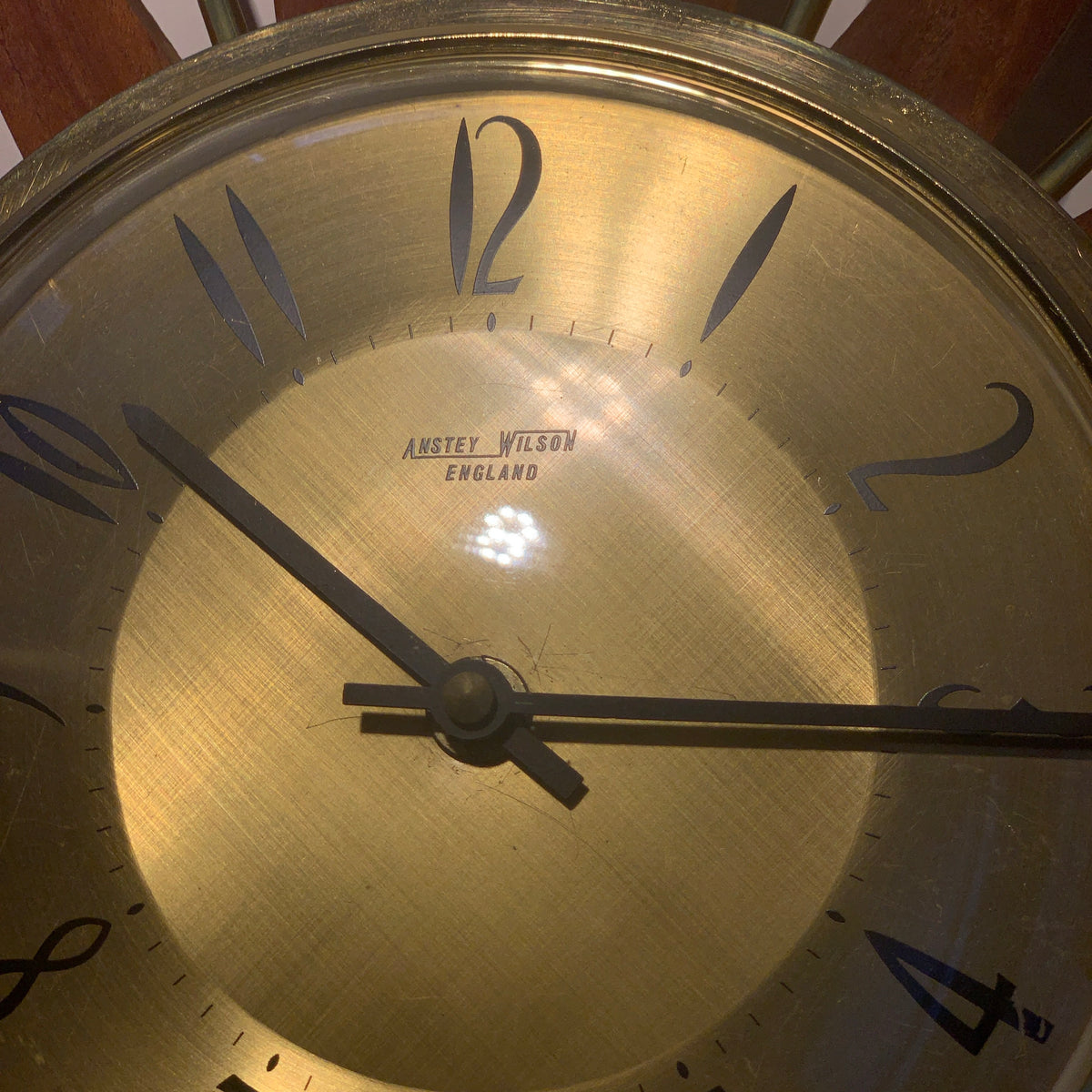 Large Anstey & Wilson Teak & Brass Starburst Wall Clock, 1960s Mid Century, 62cm
