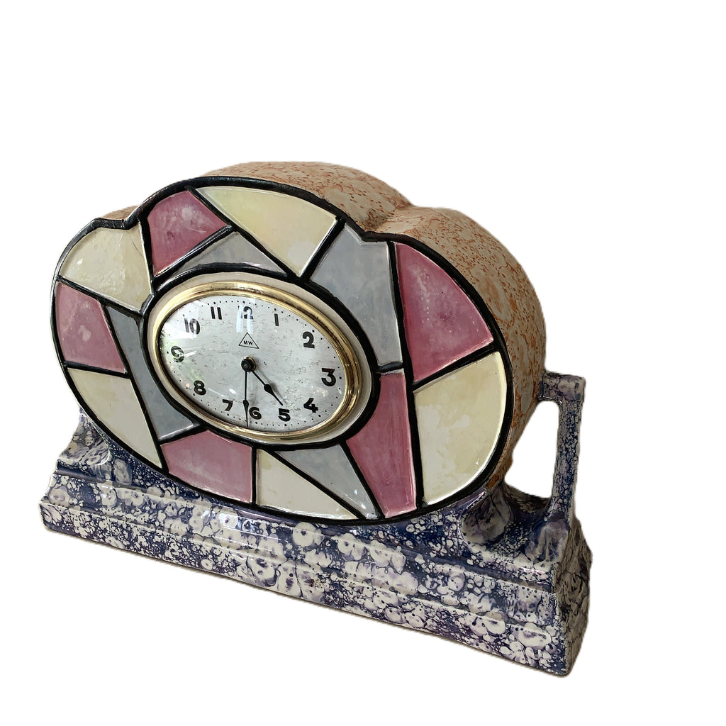 Majolique Wasmuel Belgian Art Deco Mantel Clock – 1920s Faience Stained Glass Geometric New Quartz