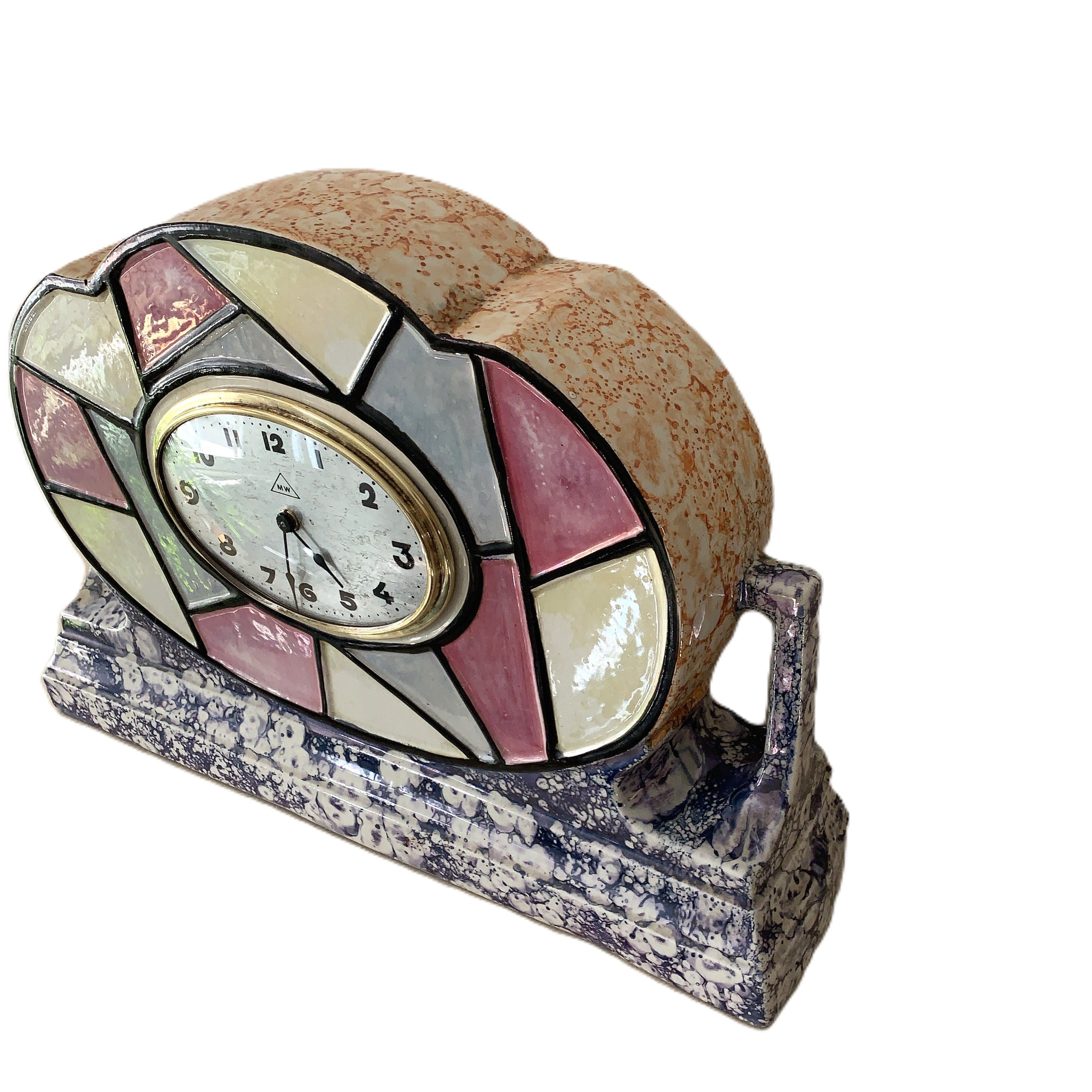 Majolique Wasmuel Belgian Art Deco Mantel Clock – 1920s Faience Stained Glass Geometric New Quartz