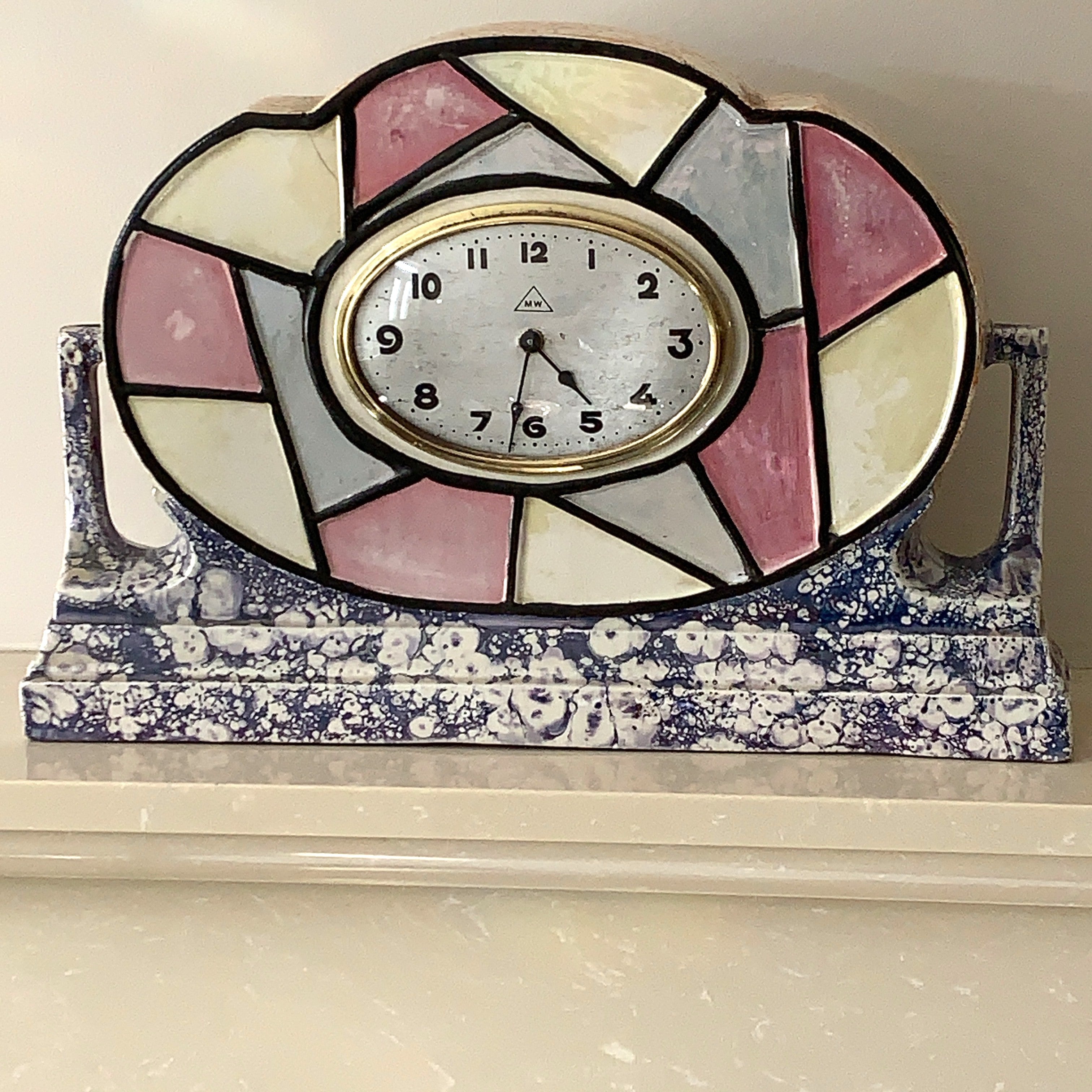 Majolique Wasmuel Belgian Art Deco Mantel Clock – 1920s Faience Stained Glass Geometric New Quartz