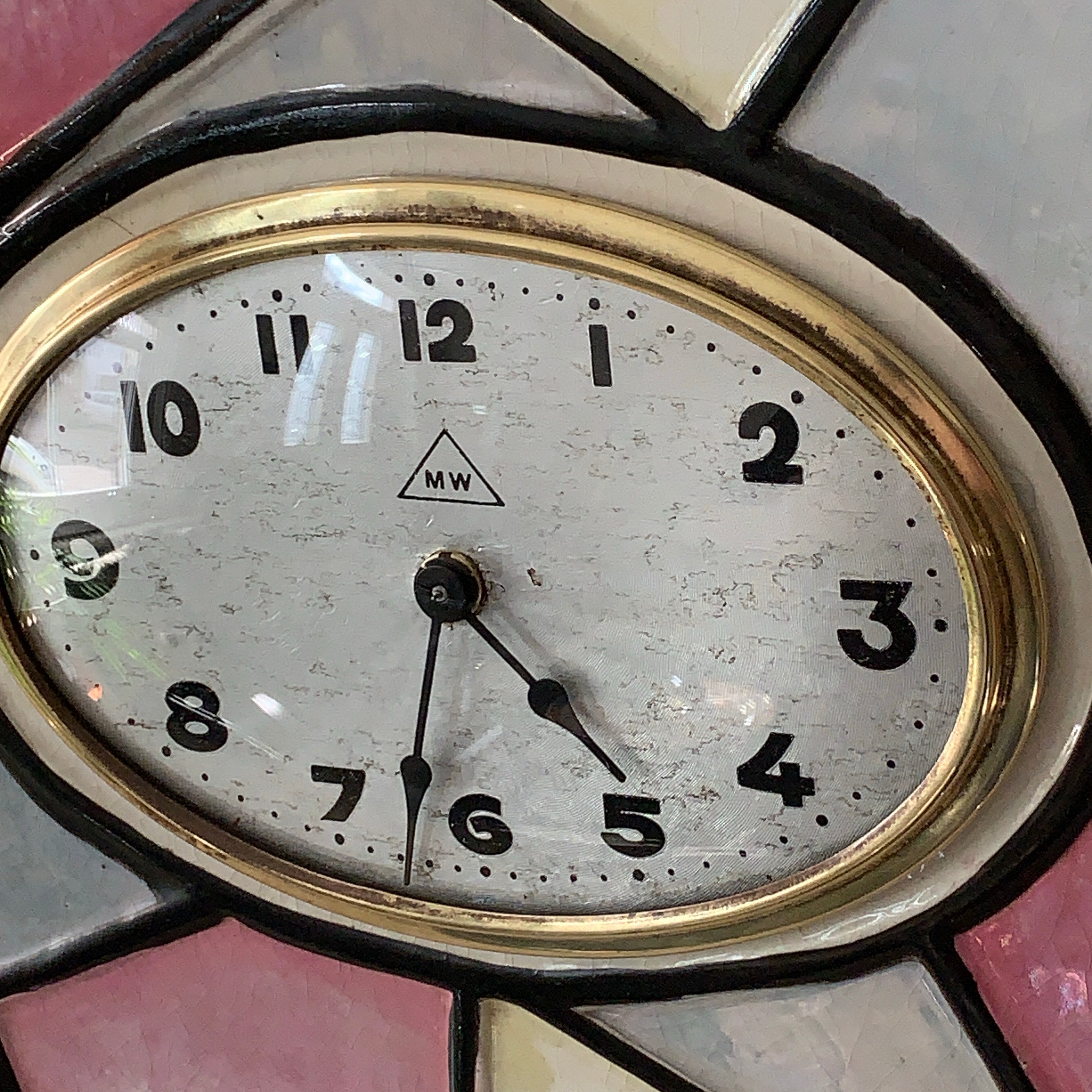Majolique Wasmuel Belgian Art Deco Mantel Clock – 1920s Faience Stained Glass Geometric New Quartz