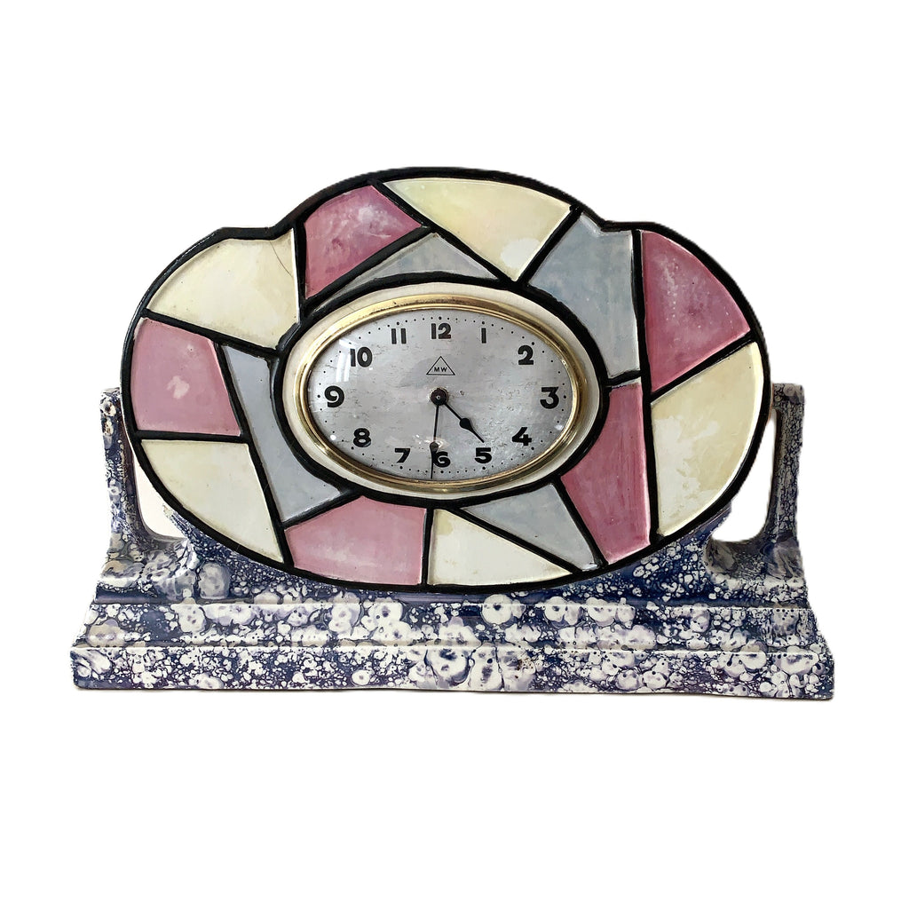 Majolique Wasmuel Belgian Art Deco Mantel Clock – 1920s Faience Stained Glass Geometric New Quartz