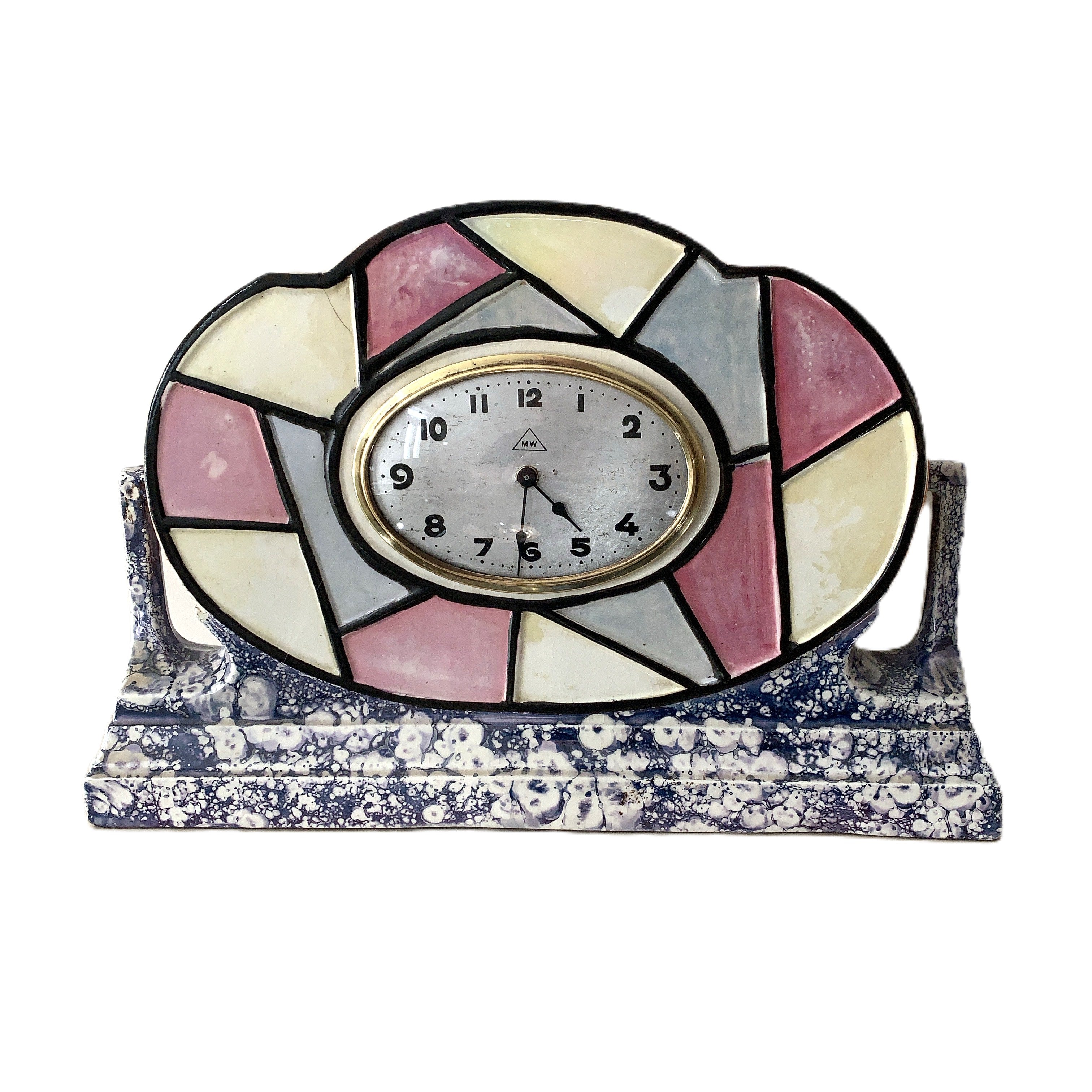 Majolique Wasmuel Belgian Art Deco Mantel Clock – 1920s Faience Stained Glass Geometric New Quartz