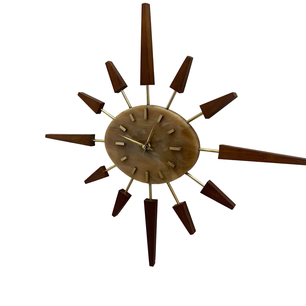 Manley Starburst Wall Clock – 1960s British Teak Walnut Brass Faux Marble Face 19 Inch Quartz