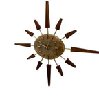 Manley Starburst Wall Clock – 1960s British Teak Walnut Brass Faux Marble Face 19 Inch Quartz
