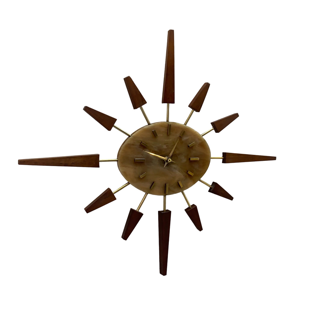 Manley Starburst Wall Clock – 1960s British Teak Walnut Brass Faux Marble Face 19 Inch Quartz