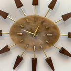 Manley Starburst Wall Clock – 1960s British Teak Walnut Brass Faux Marble Face 19 Inch Quartz
