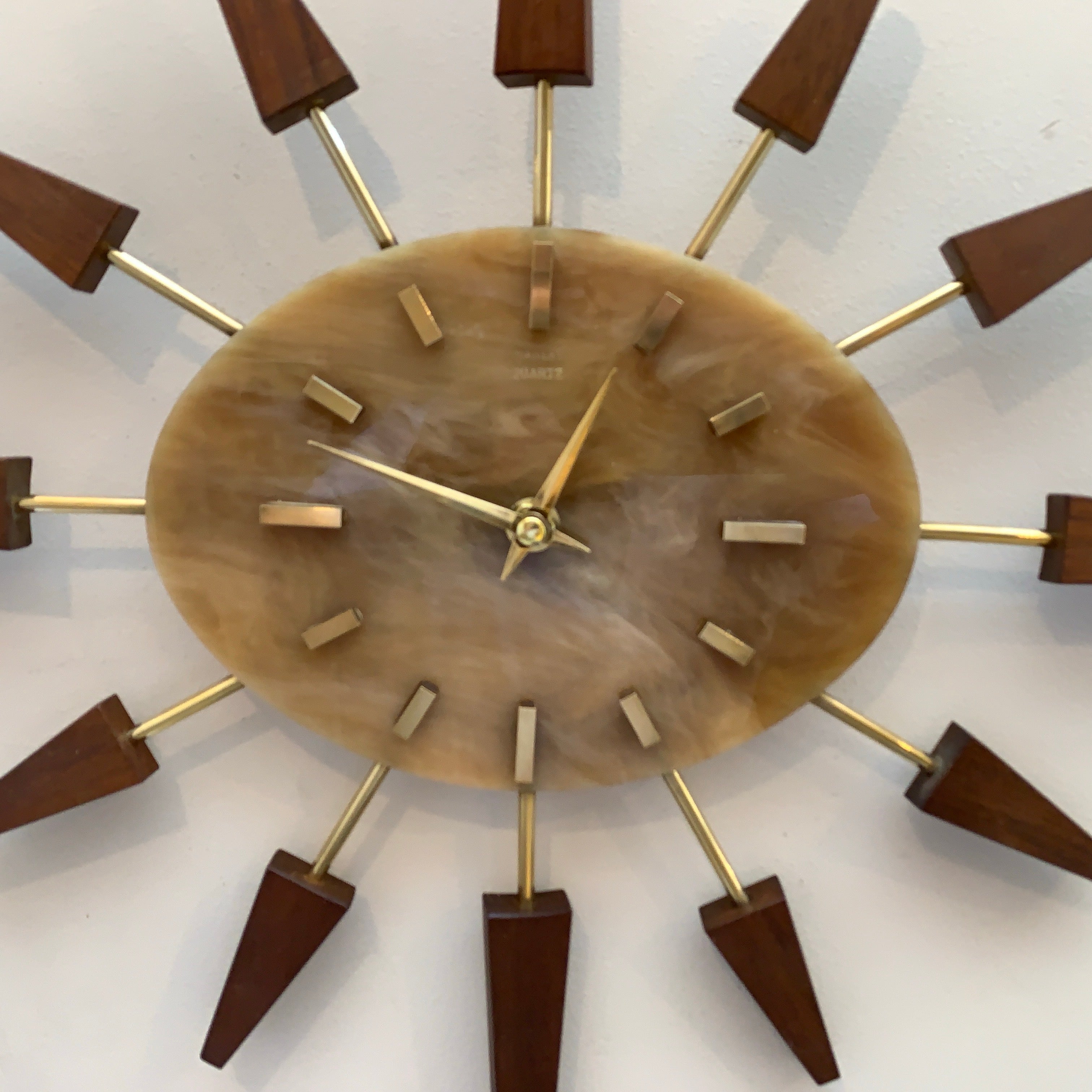 Manley Starburst Wall Clock – 1960s British Teak Walnut Brass Faux Marble Face 19 Inch Quartz