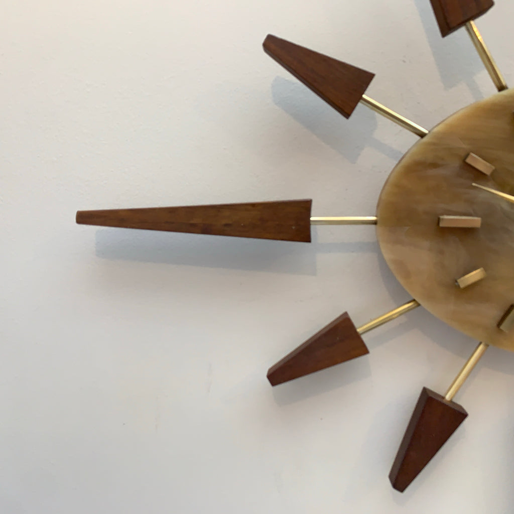 Manley Starburst Wall Clock – 1960s British Teak Walnut Brass Faux Marble Face 19 Inch Quartz