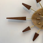 Manley Starburst Wall Clock – 1960s British Teak Walnut Brass Faux Marble Face 19 Inch Quartz