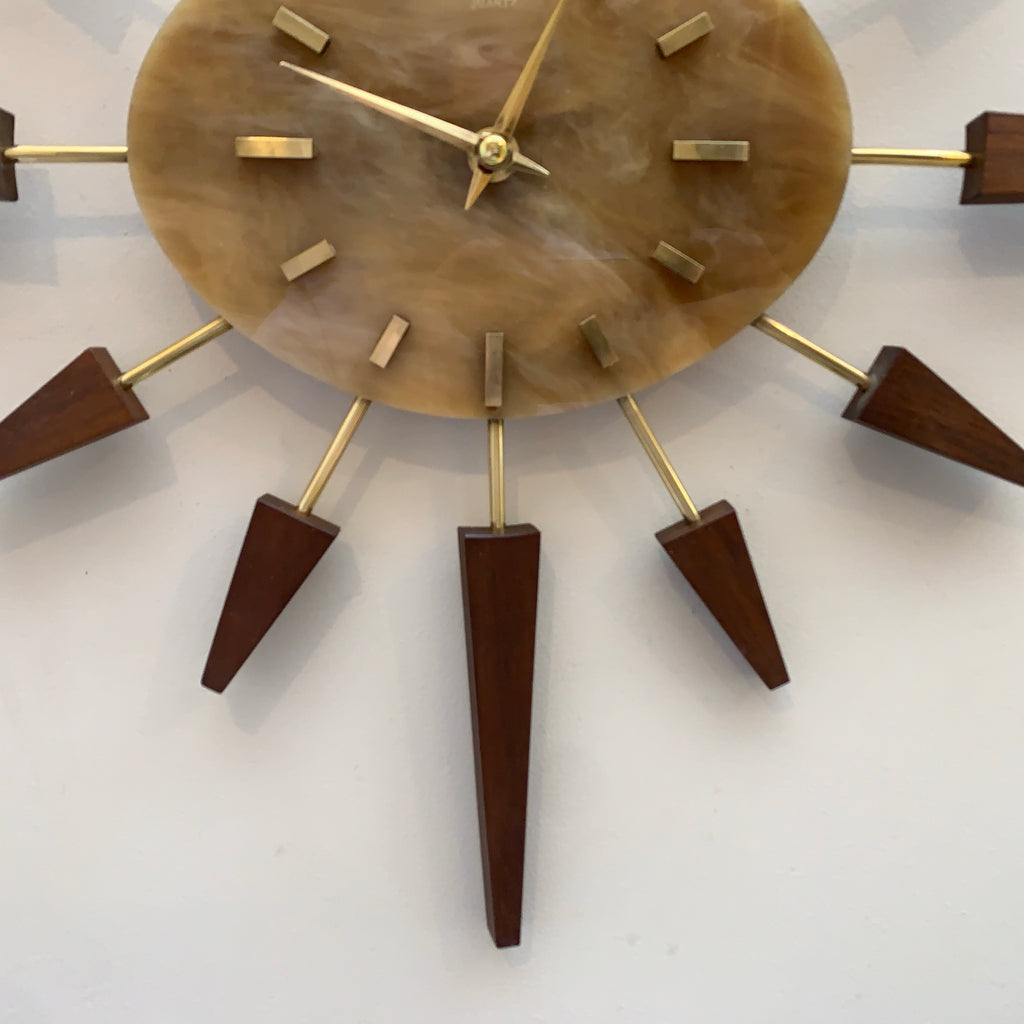 Manley Starburst Wall Clock – 1960s British Teak Walnut Brass Faux Marble Face 19 Inch Quartz