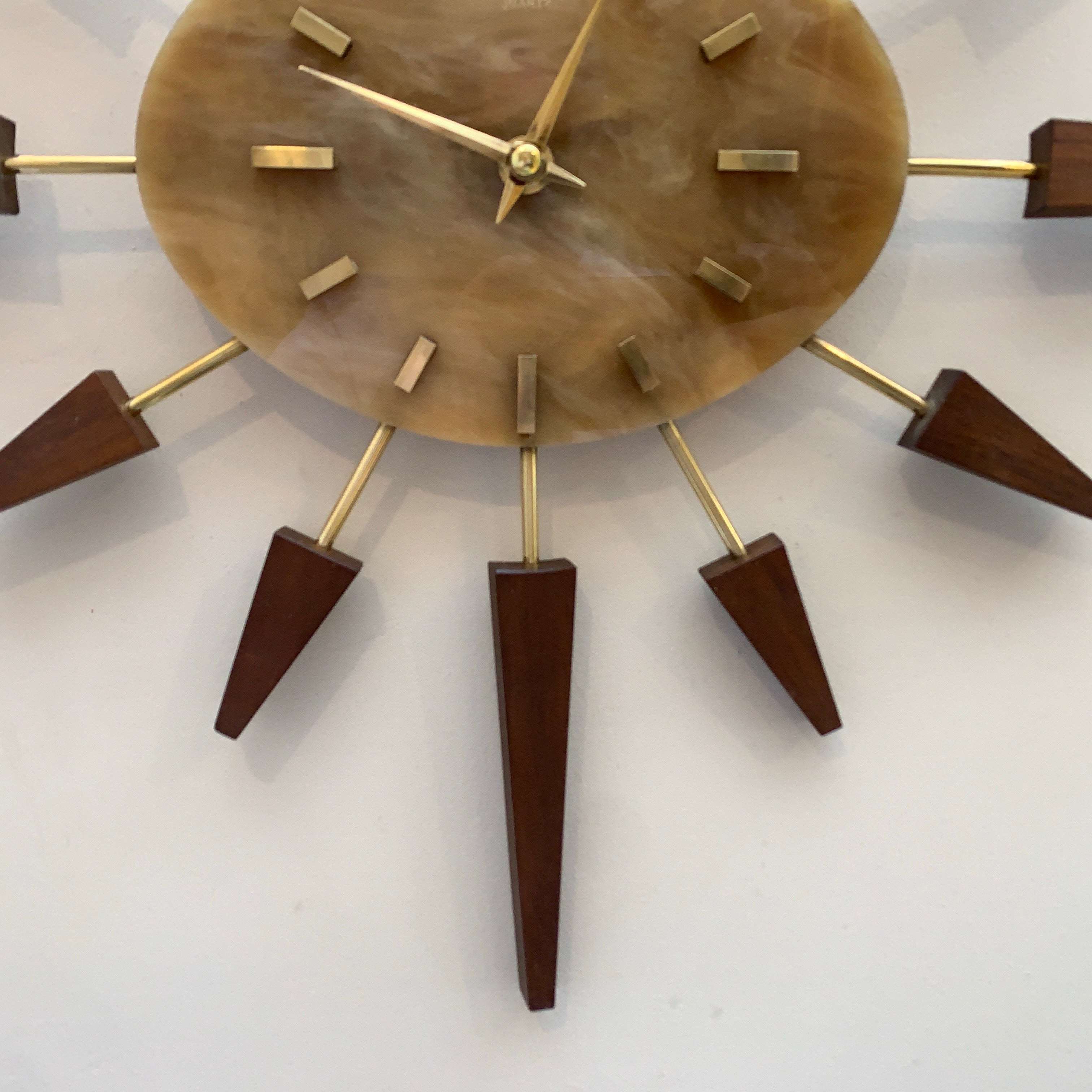 Manley Starburst Wall Clock – 1960s British Teak Walnut Brass Faux Marble Face 19 Inch Quartz