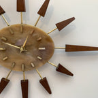 Manley Starburst Wall Clock – 1960s British Teak Walnut Brass Faux Marble Face 19 Inch Quartz