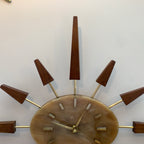 Manley Starburst Wall Clock – 1960s British Teak Walnut Brass Faux Marble Face 19 Inch Quartz