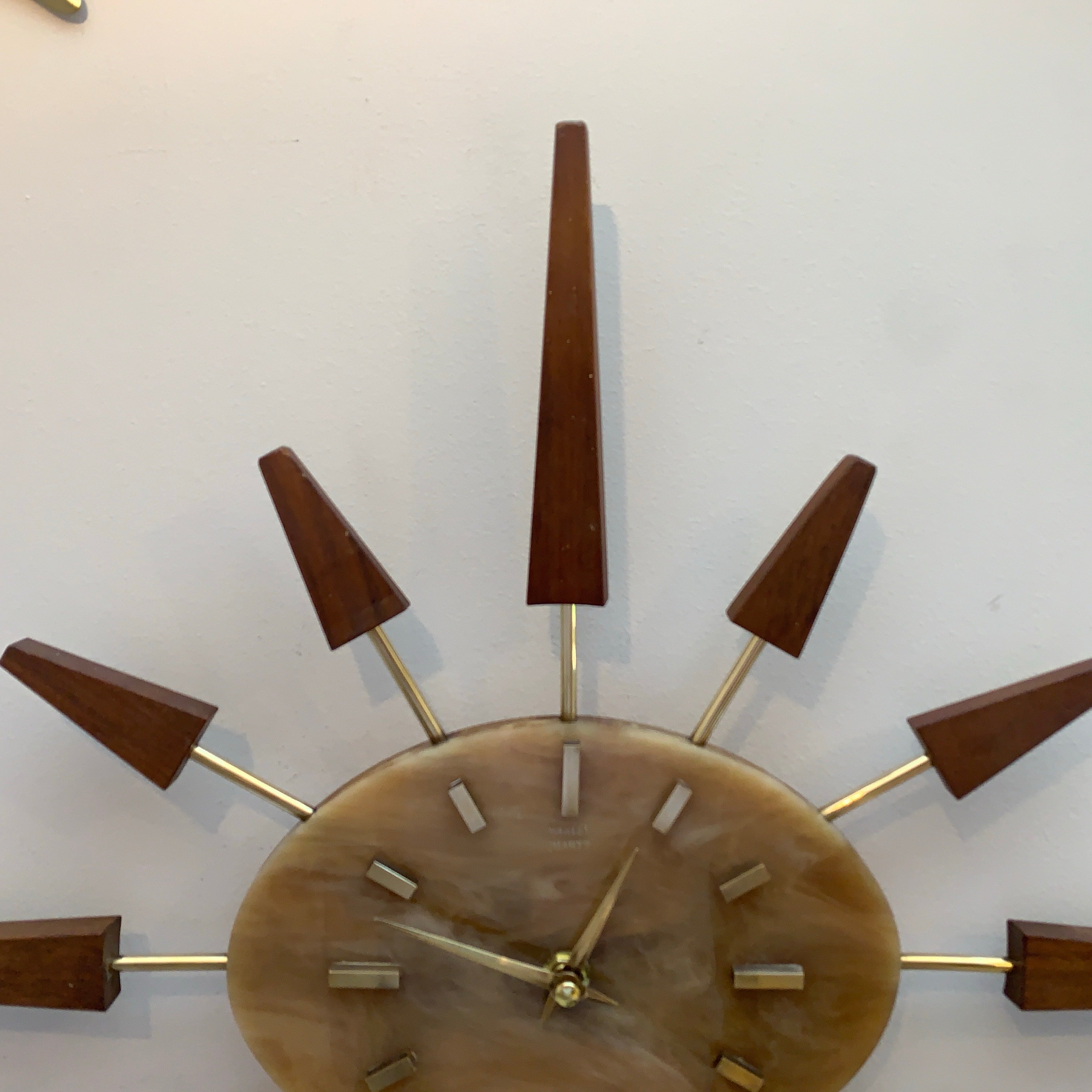 Manley Starburst Wall Clock – 1960s British Teak Walnut Brass Faux Marble Face 19 Inch Quartz