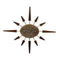 Manley Starburst Wall Clock – 1960s British Teak Walnut Brass Faux Marble Face 19 Inch Quartz
