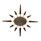 Manley Starburst Wall Clock – 1960s British Teak Walnut Brass Faux Marble Face 19 Inch Quartz