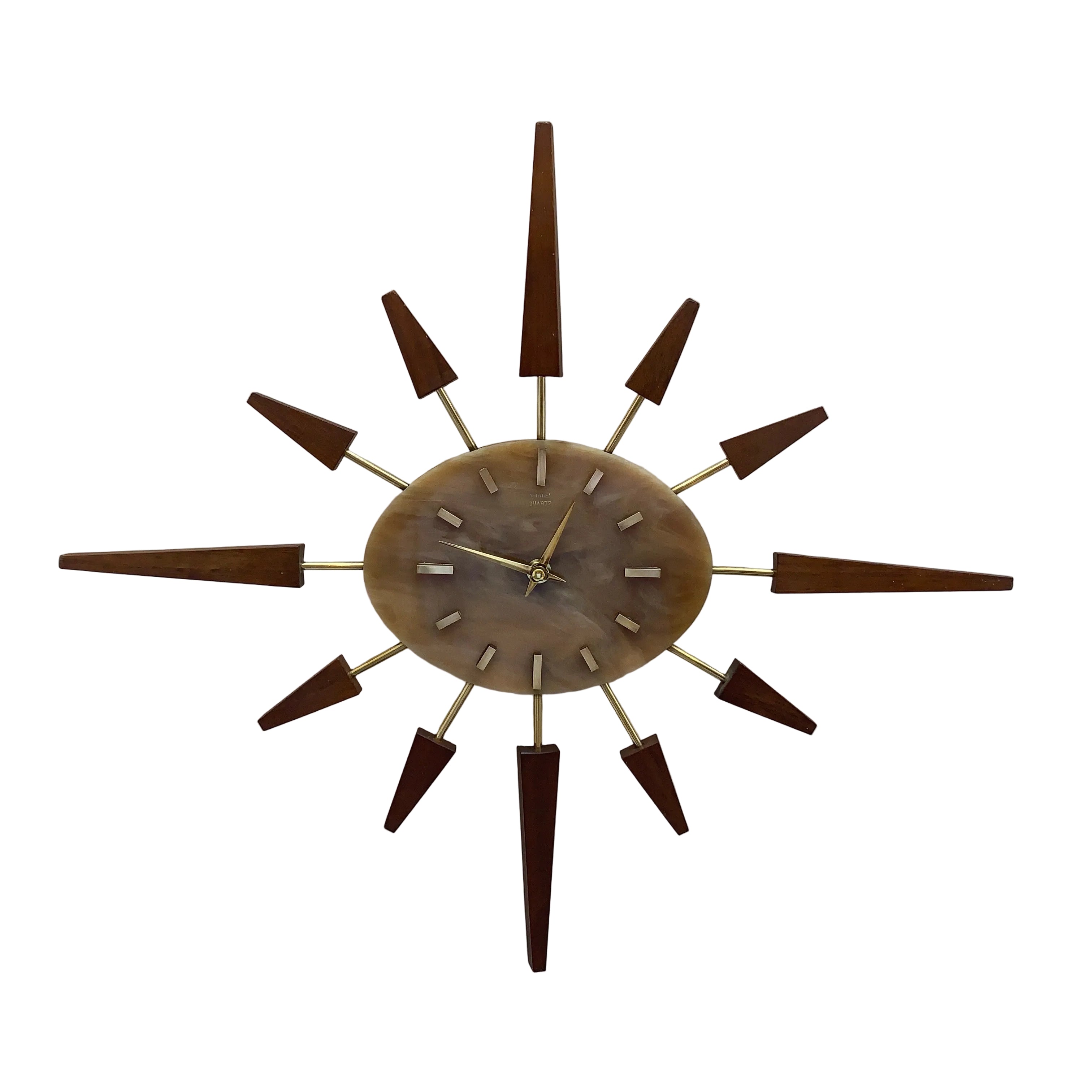 Manley Starburst Wall Clock – 1960s British Teak Walnut Brass Faux Marble Face 19 Inch Quartz