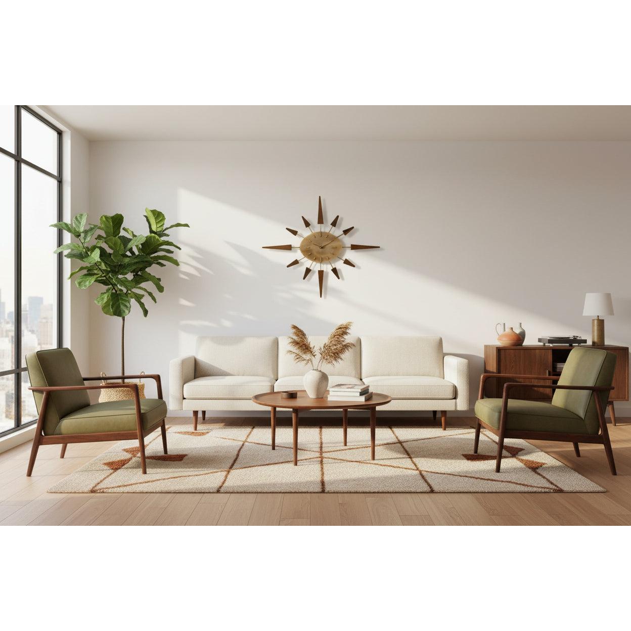 Manley Starburst Wall Clock – 1960s British Teak Walnut Brass Faux Marble Face 19 Inch Quartz