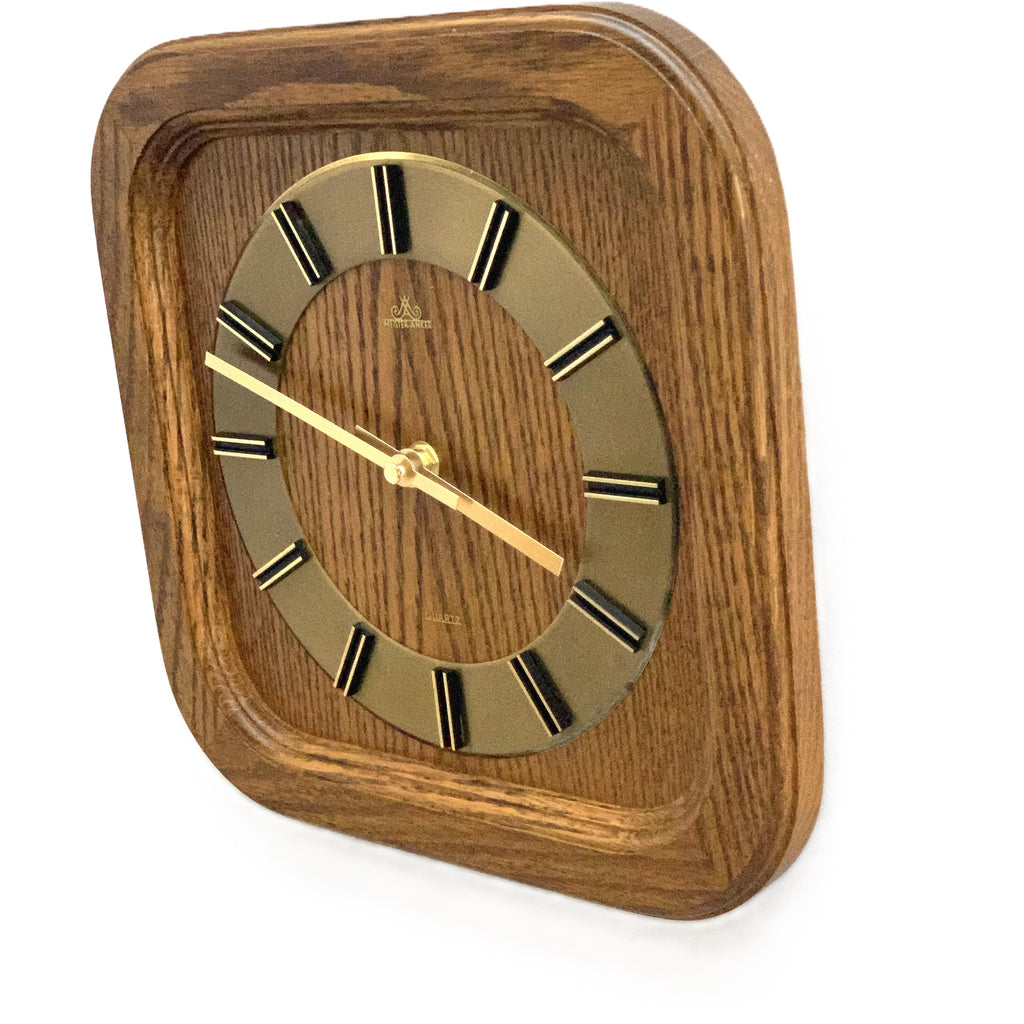 Meister-Anker West Germany Wall Clock – 1970s Solid Oak Gold Baton Dial New Quartz 11 Inch Square