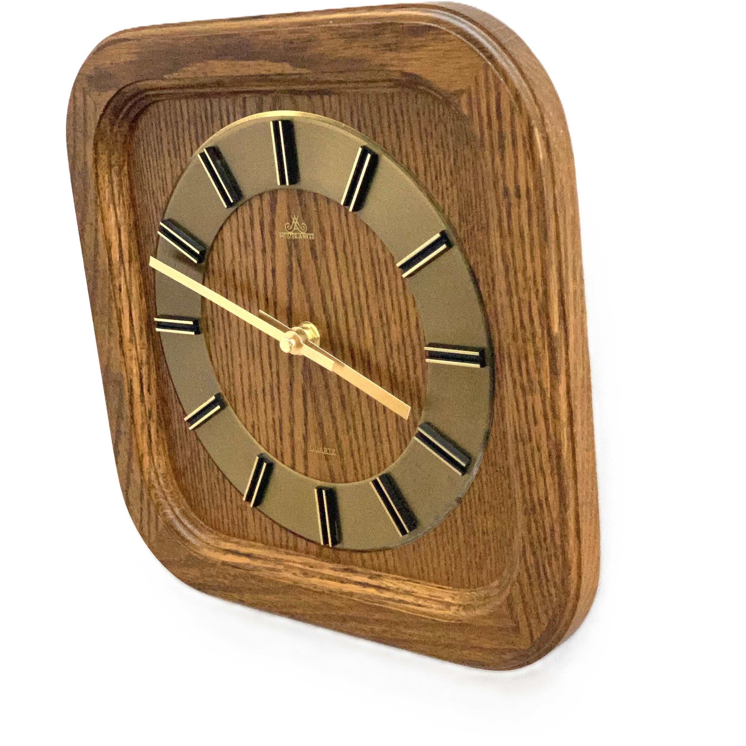 Meister-Anker West Germany Wall Clock – 1970s Solid Oak Gold Baton Dial New Quartz 11 Inch Square