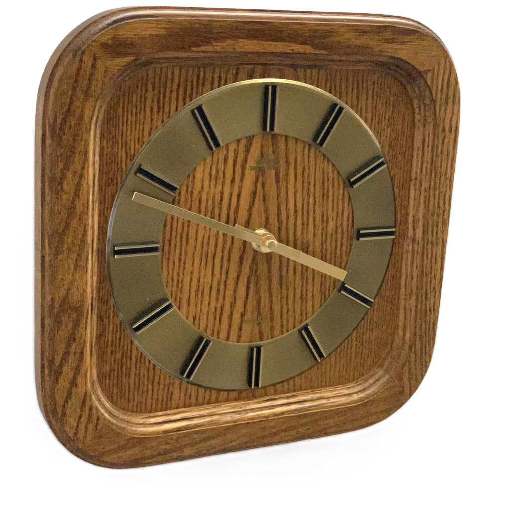 Meister-Anker West Germany Wall Clock – 1970s Solid Oak Gold Baton Dial New Quartz 11 Inch Square