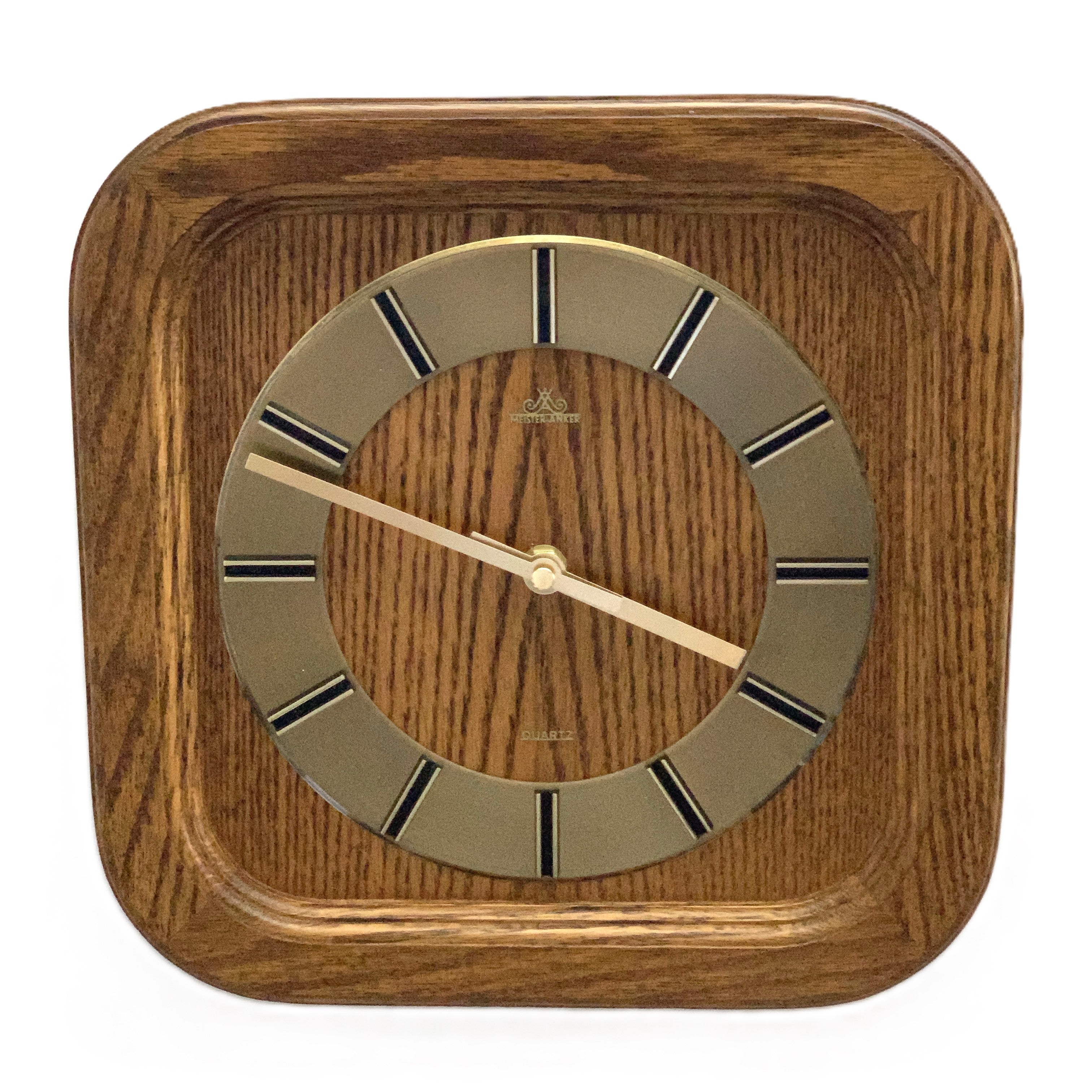 Meister-Anker West Germany Wall Clock – 1970s Solid Oak Gold Baton Dial New Quartz 11 Inch Square