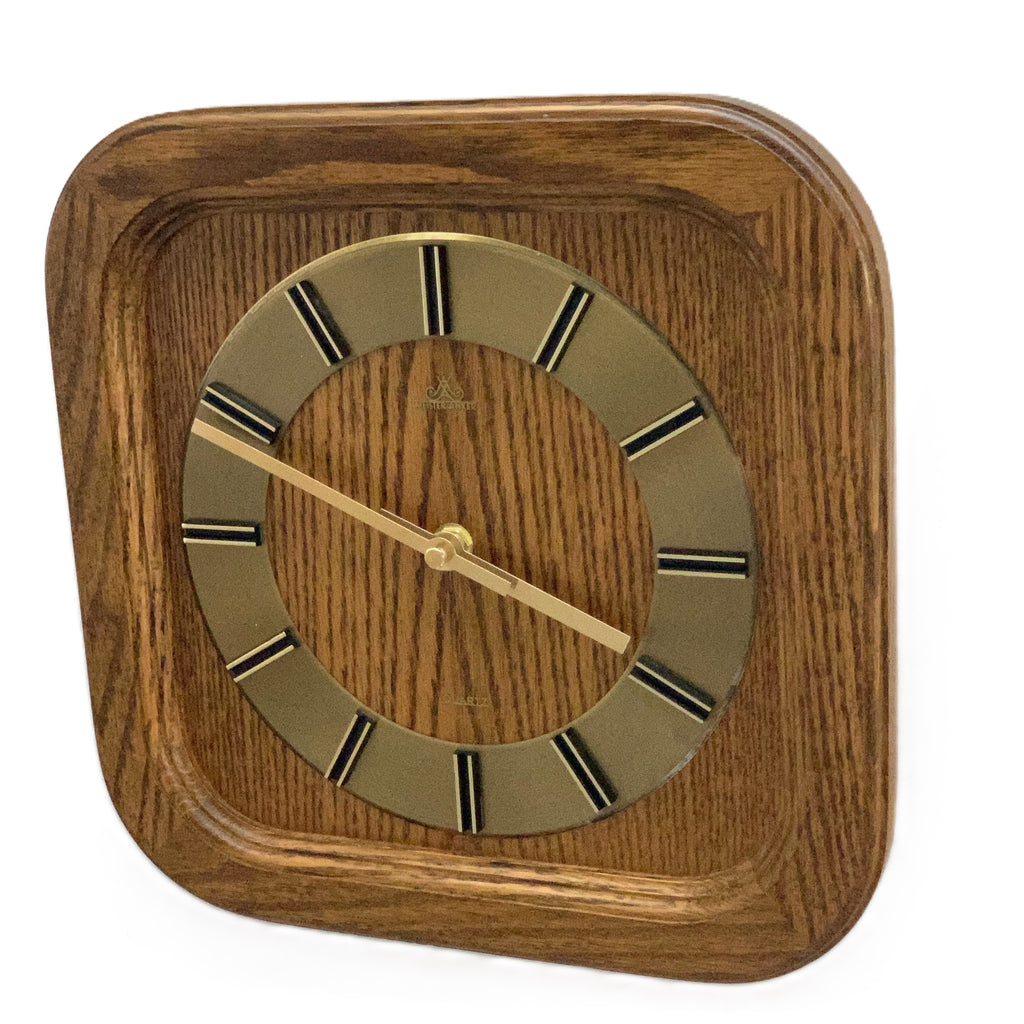 Meister-Anker West Germany Wall Clock – 1970s Solid Oak Gold Baton Dial New Quartz 11 Inch Square