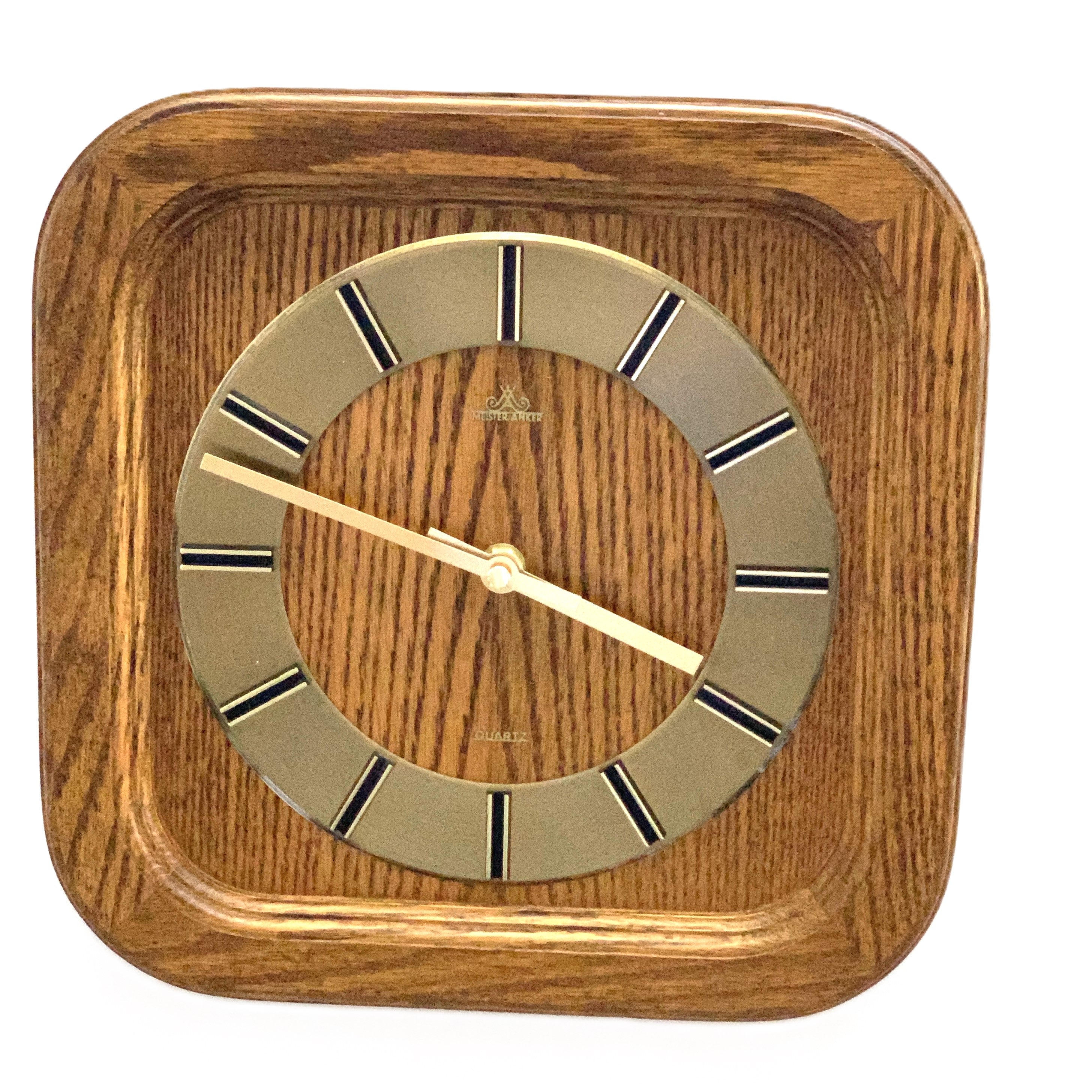 Meister-Anker West Germany Wall Clock – 1970s Solid Oak Gold Baton Dial New Quartz 11 Inch Square
