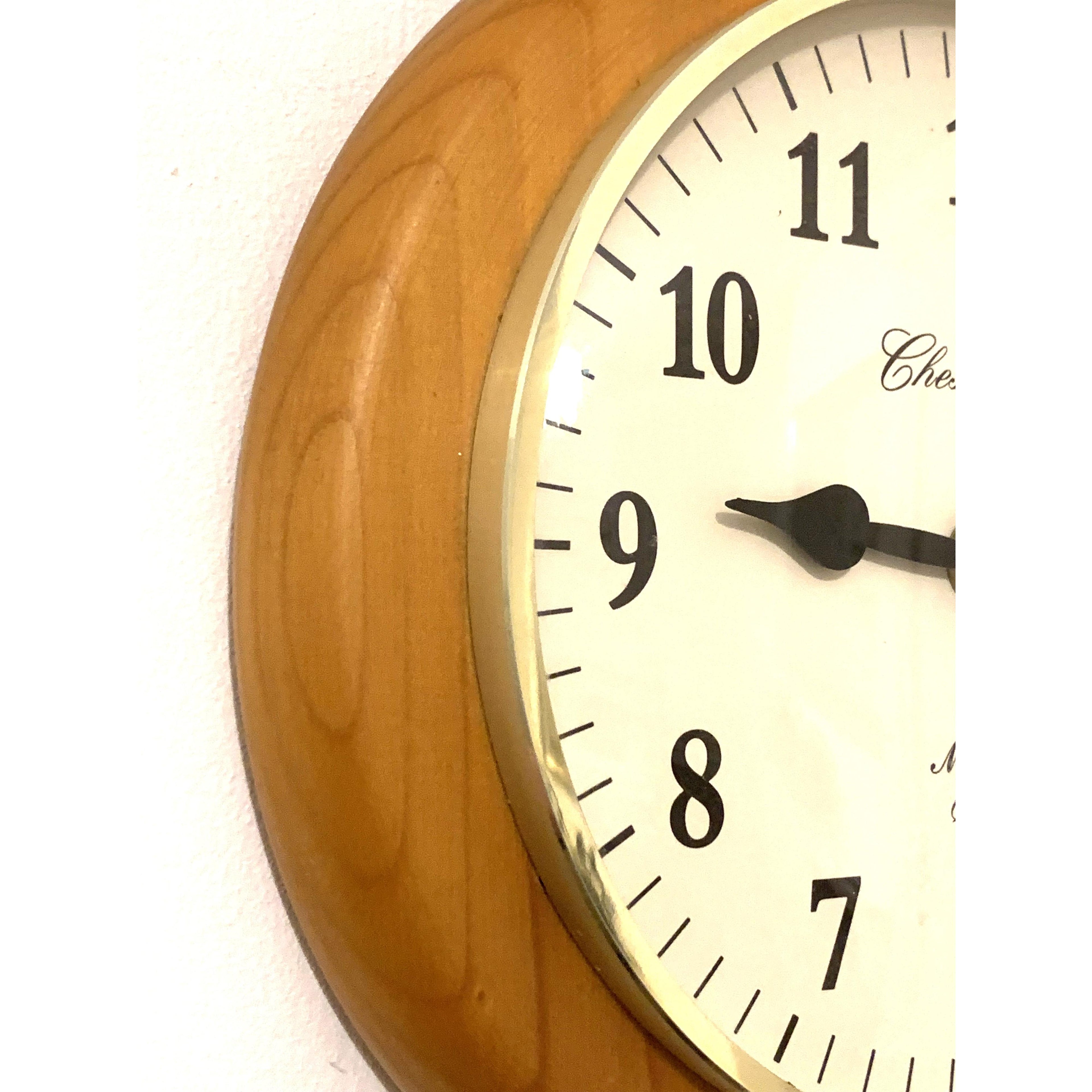 Metamec Chesterfield Wall Clock – Vintage Pine Wood Brass Bezel Arabic Numeral Quartz 7½ Inch