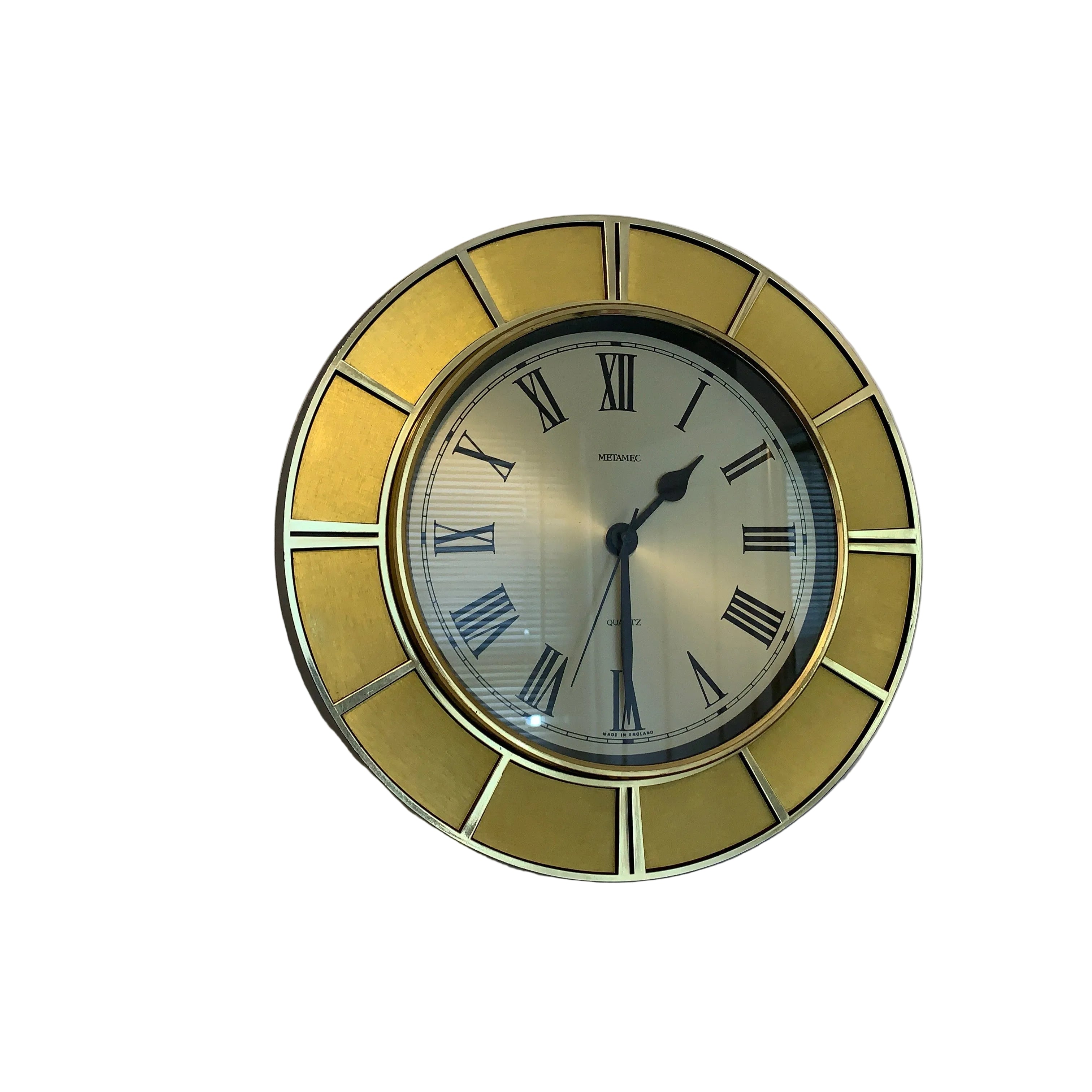 Metamec Model 4632 Wall Clock – 1979 Gold Tone Segmented Ring Roman Numeral 12 Inch Made in England
