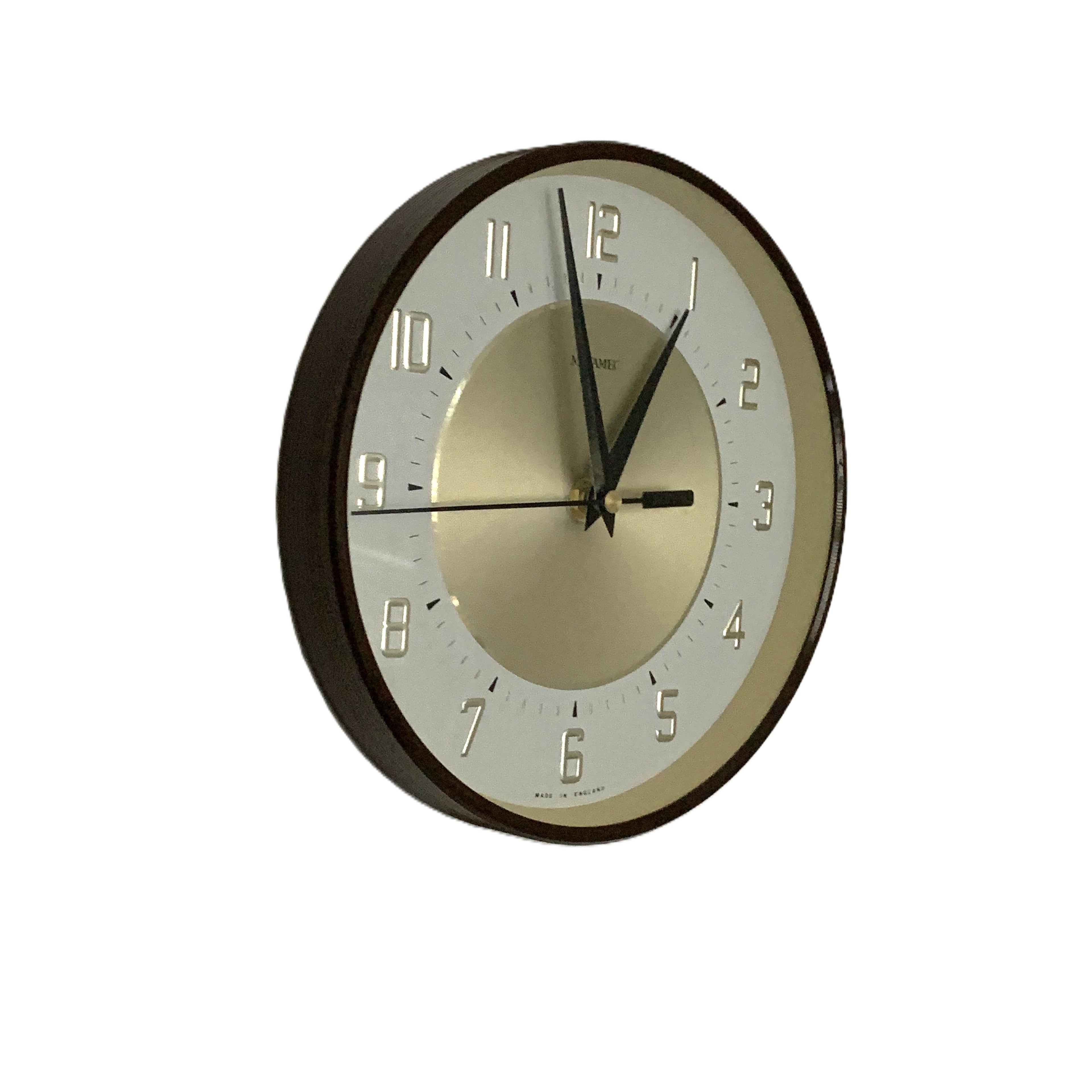 Metamec Model 5635 Wall Clock – 1970s English Brown Gold White Dial 8 Inch Made in England
