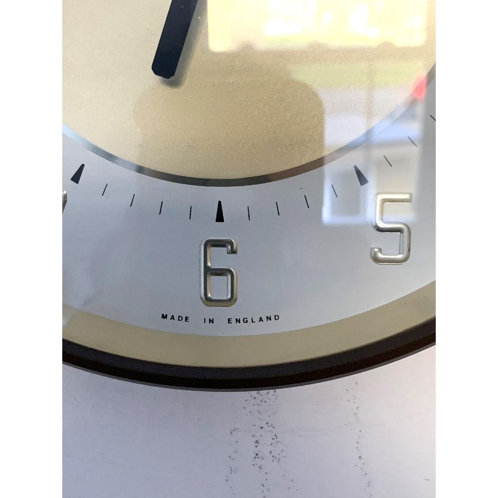 Metamec Model 5635 Wall Clock – 1970s English Brown Gold White Dial 8 Inch Made in England