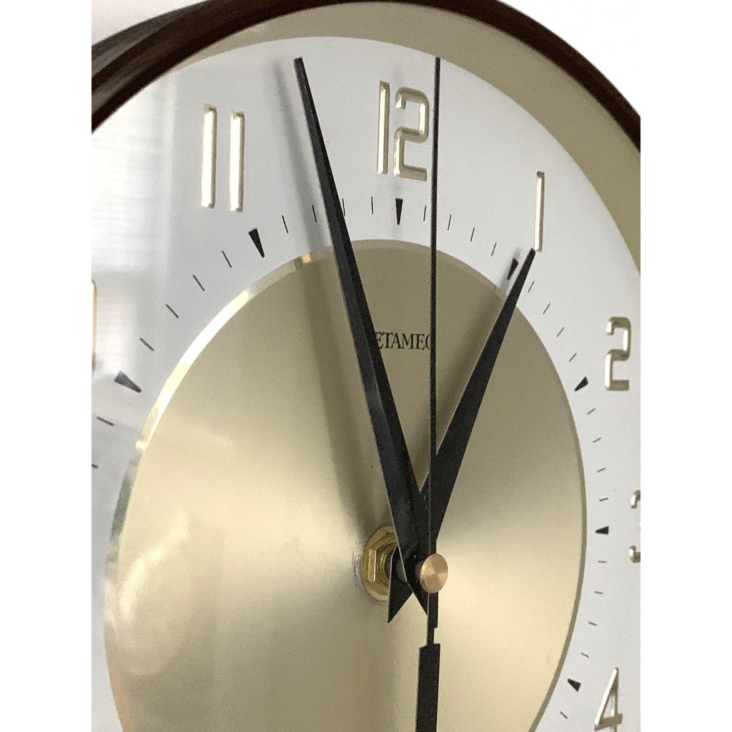 Metamec Model 5635 Wall Clock – 1970s English Brown Gold White Dial 8 Inch Made in England