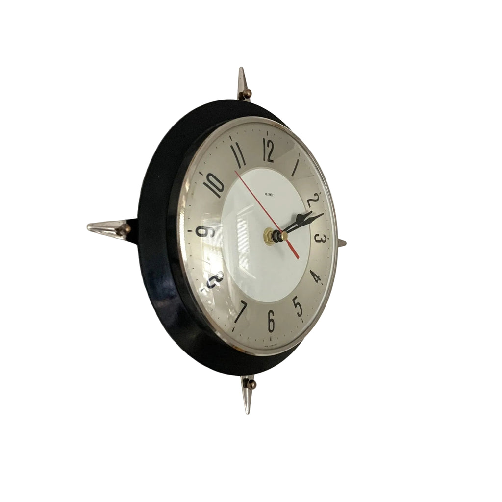 Metamec Model 5859 Wall Clock – 1960s Black Bakelite Chrome Finials Space Age Rare Made in England