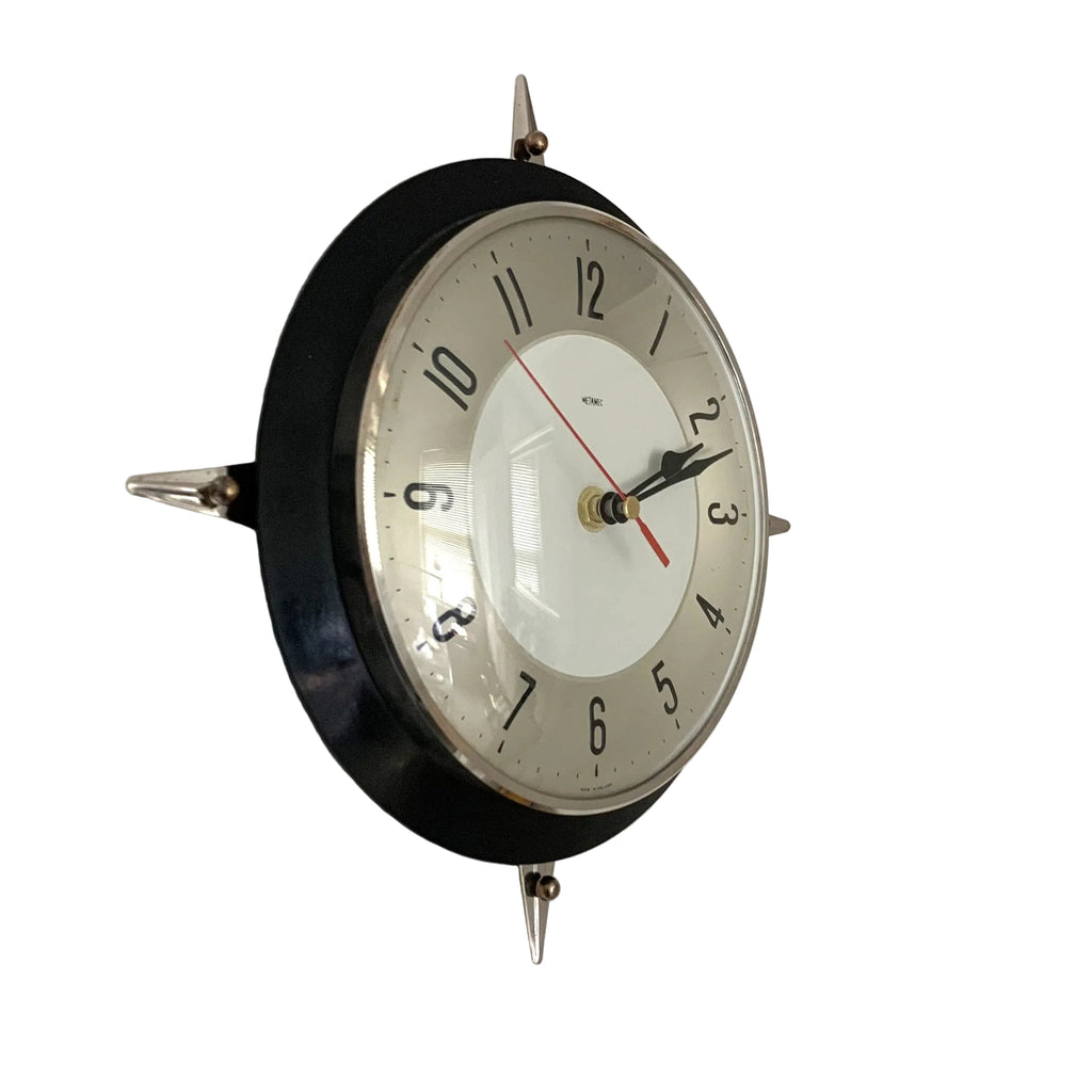 Metamec Model 5859 Wall Clock – 1960s Black Bakelite Chrome Finials Space Age Rare Made in England
