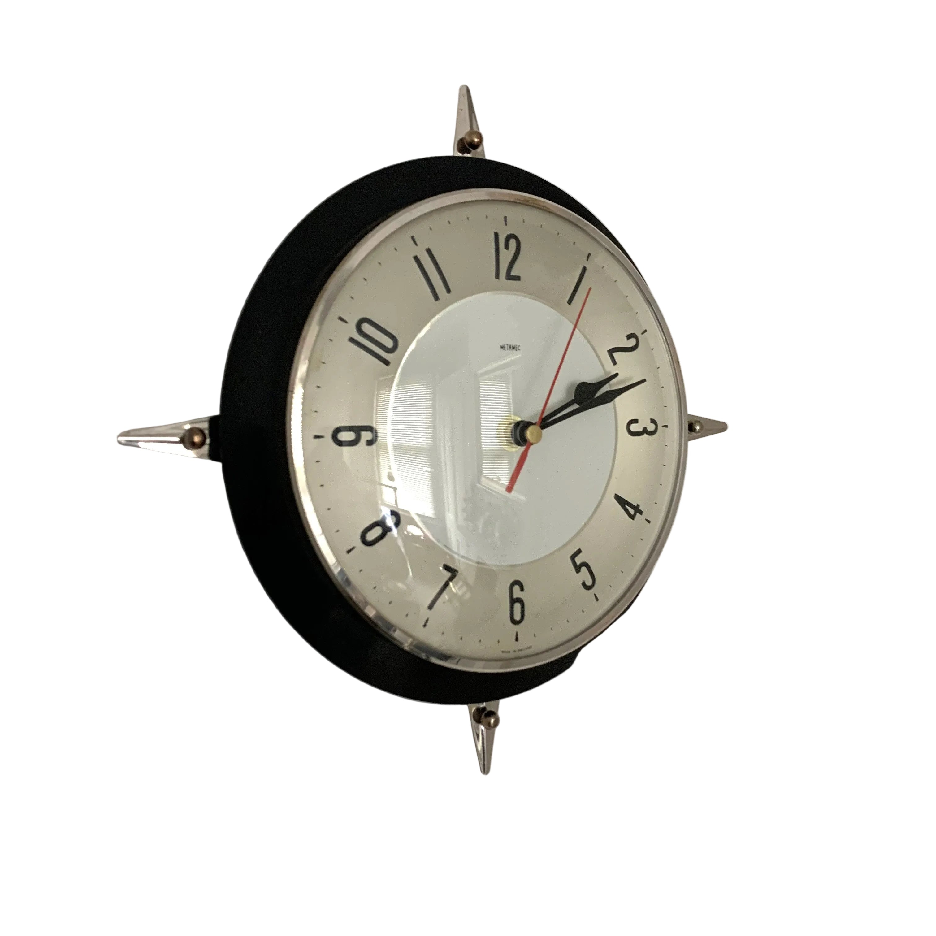 Metamec Model 5859 Wall Clock – 1960s Black Bakelite Chrome Finials Space Age Rare Made in England