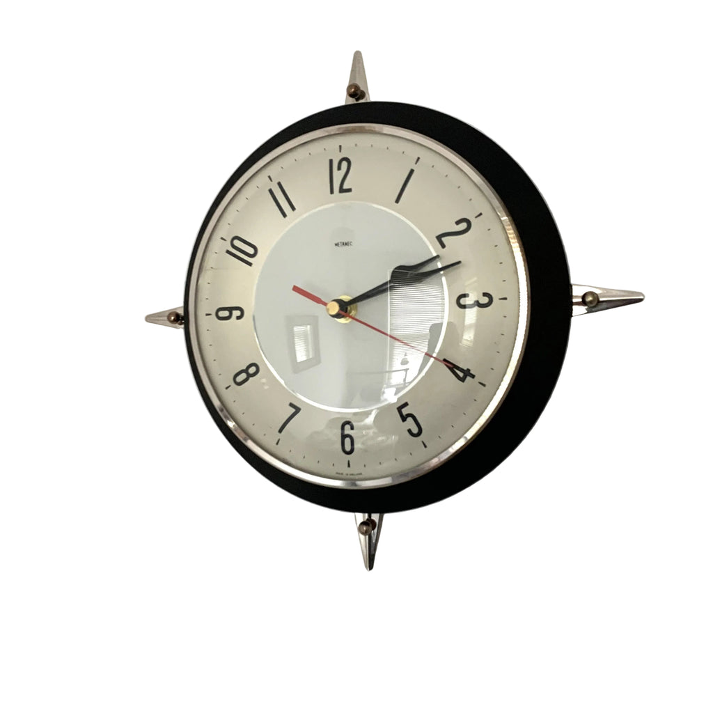 Metamec Model 5859 Wall Clock – 1960s Black Bakelite Chrome Finials Space Age Rare Made in England