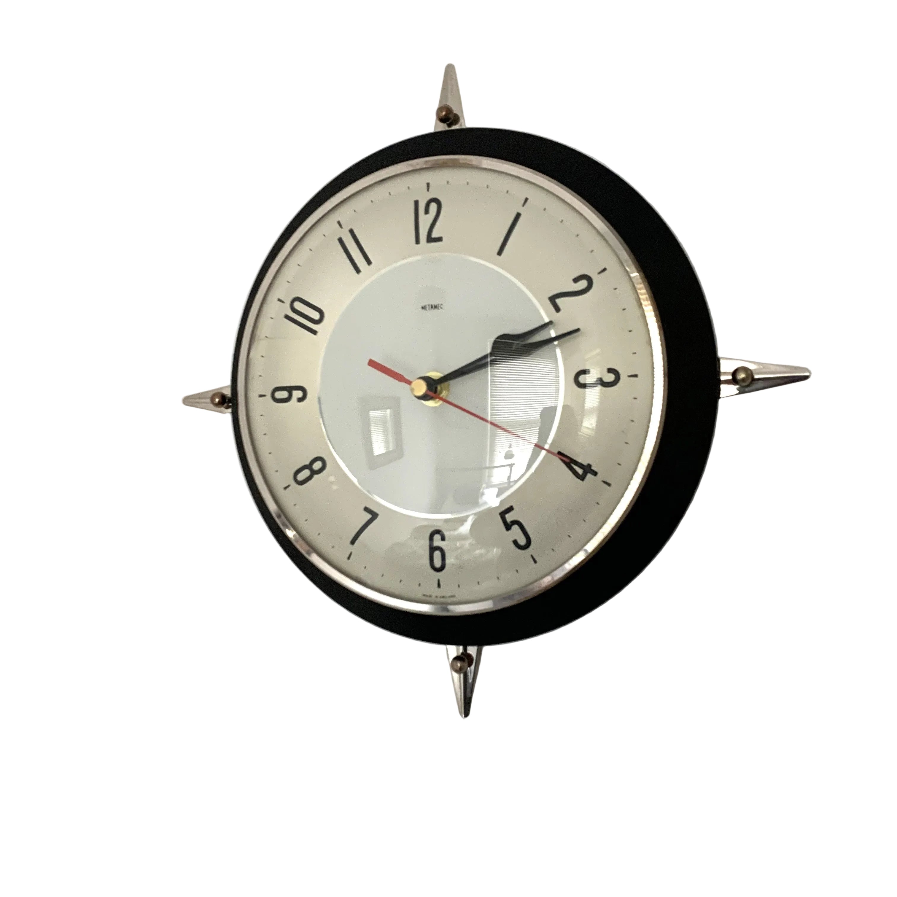 Metamec Model 5859 Wall Clock – 1960s Black Bakelite Chrome Finials Space Age Rare Made in England