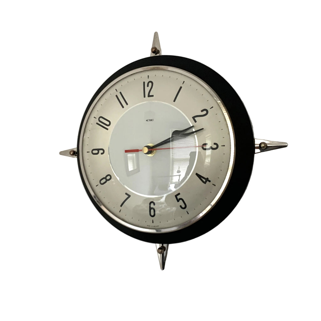 Metamec Model 5859 Wall Clock – 1960s Black Bakelite Chrome Finials Space Age Rare Made in England