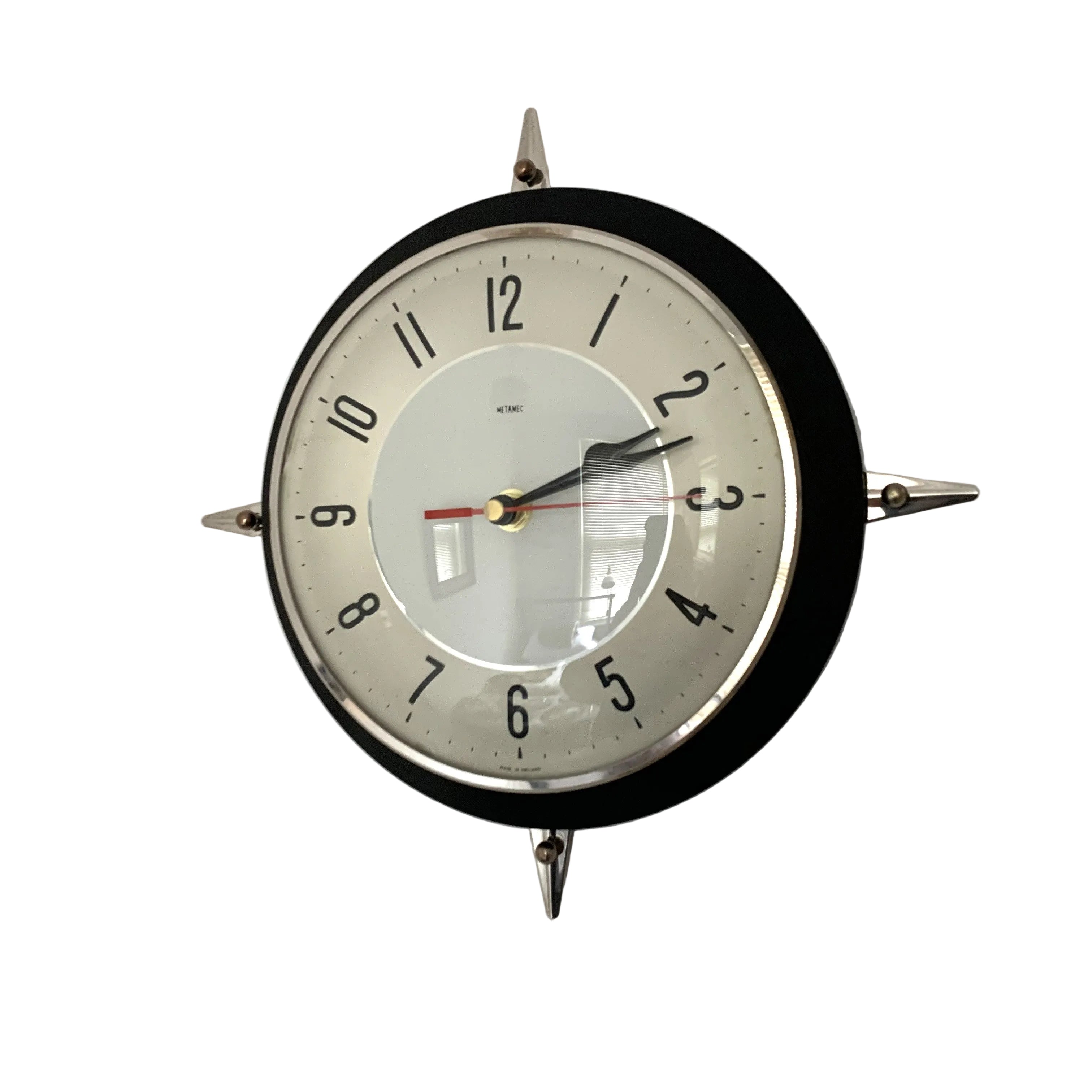 Metamec Model 5859 Wall Clock – 1960s Black Bakelite Chrome Finials Space Age Rare Made in England