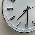 Metamec Model 5868 Wall Clock – 1960s White Chrome Bezel Arabic Numeral All Black Hands 8 Inch