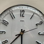Metamec Model 5868 Wall Clock – 1960s White Chrome Bezel Arabic Numeral All Black Hands 8 Inch