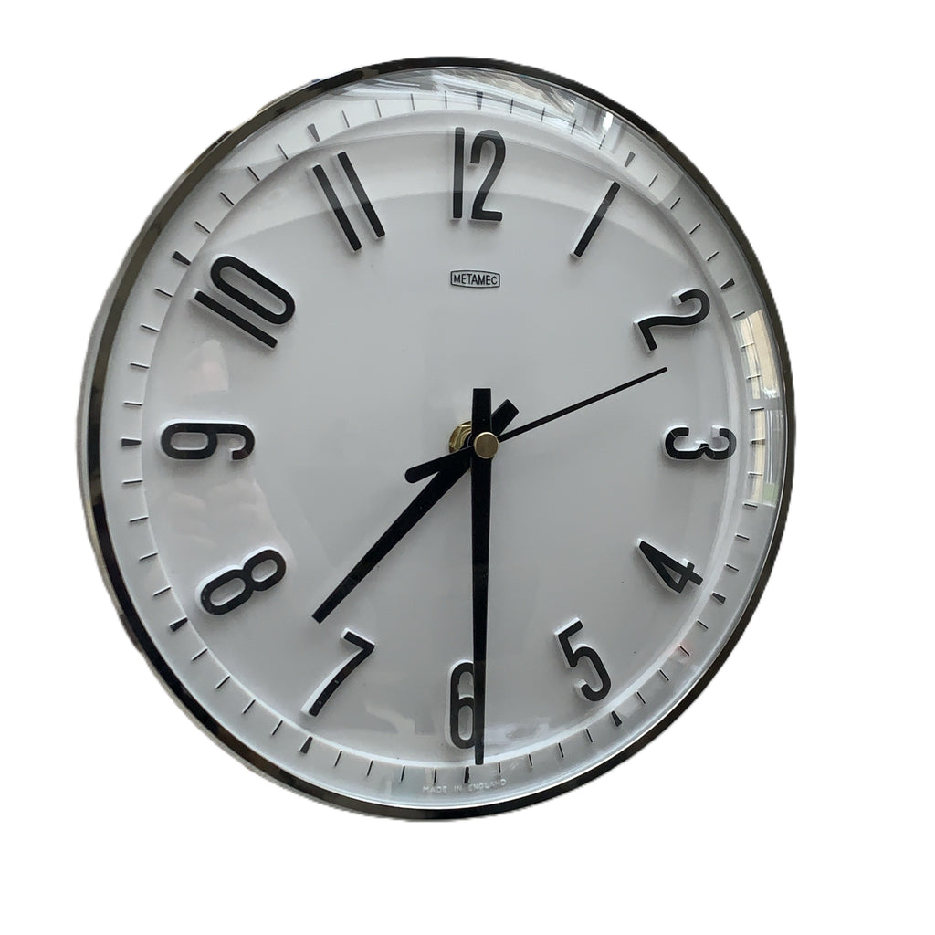 Metamec Model 5868 Wall Clock – 1960s White Chrome Bezel Arabic Numeral All Black Hands 8 Inch