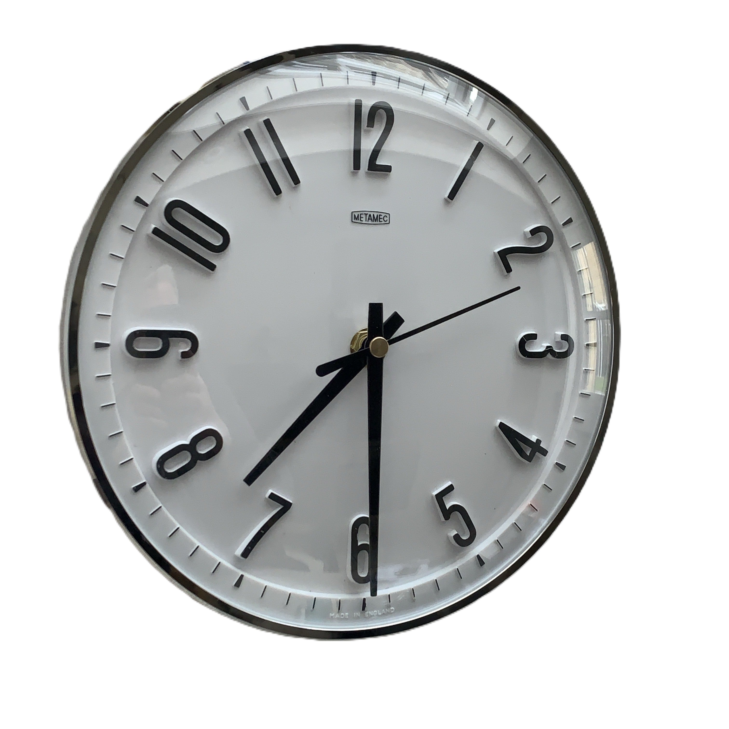 Metamec Model 5868 Wall Clock – 1960s White Chrome Bezel Arabic Numeral All Black Hands 8 Inch
